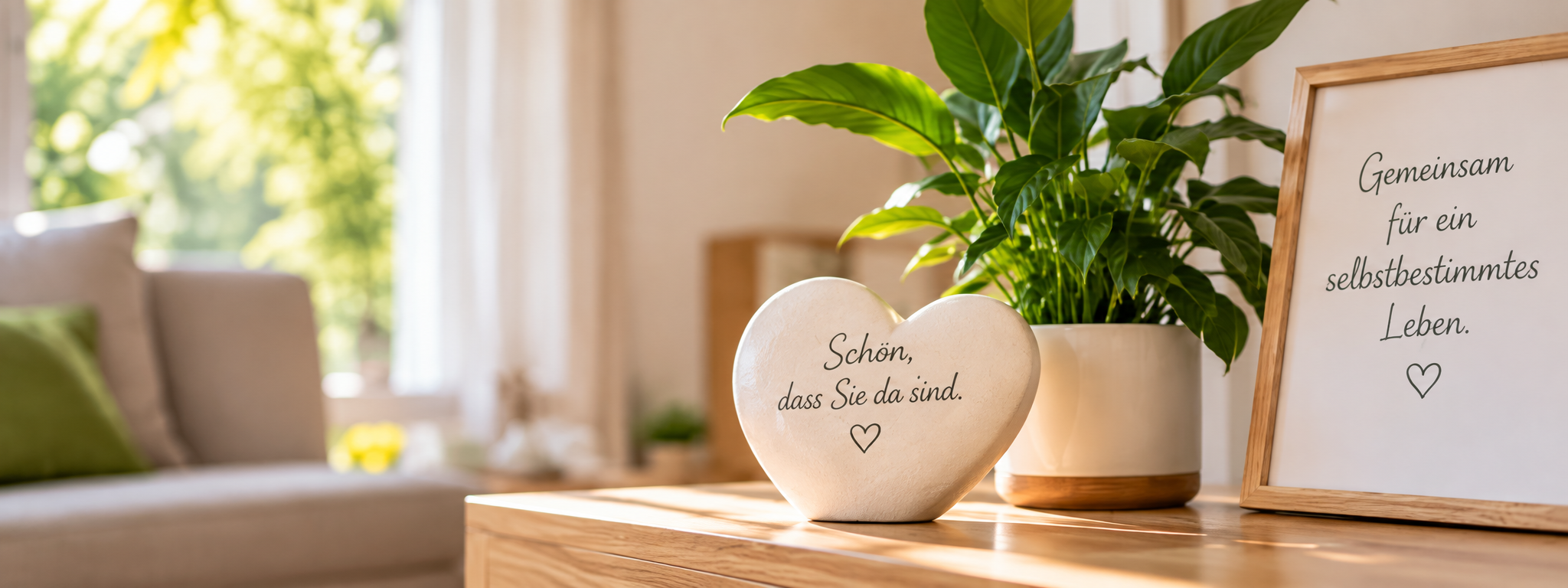 Hände halten ein weißes Herz – Symbol für Betreuung mit Herz